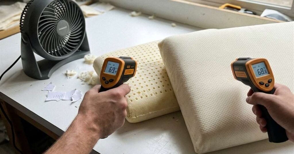 infrared-thermometer-measuring-latex-pillow-temperature