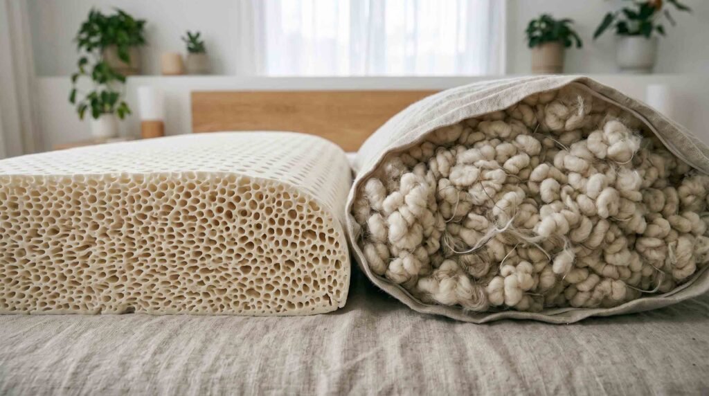 Wool vs. Latex Pillow: Latex Lasts Longer and Suits Side Sleepers Wool Wins on Moisture 2 macro detail of latex foam cell structure and wool pearl fill texture