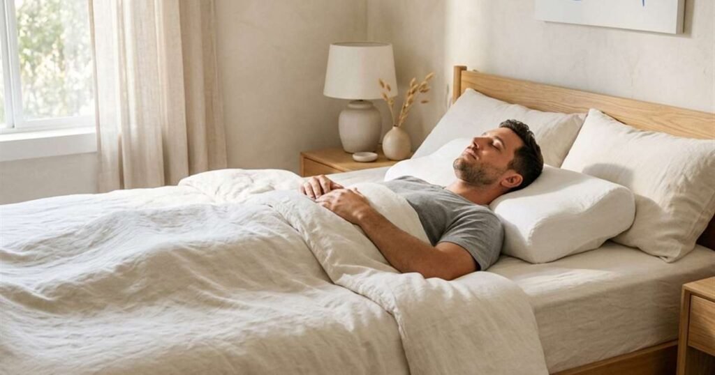 man-sleeping-on-his-back-with-a-buckwheat-pillow-conforming-exactly-to-his-cervical-spine-for-neck-pain-relief