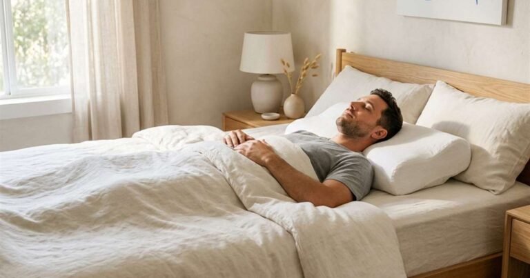 Best Pillows 2 man-sleeping-on-his-back-with-a-buckwheat-pillow-conforming-exactly-to-his-cervical-spine-for-neck-pain-relief