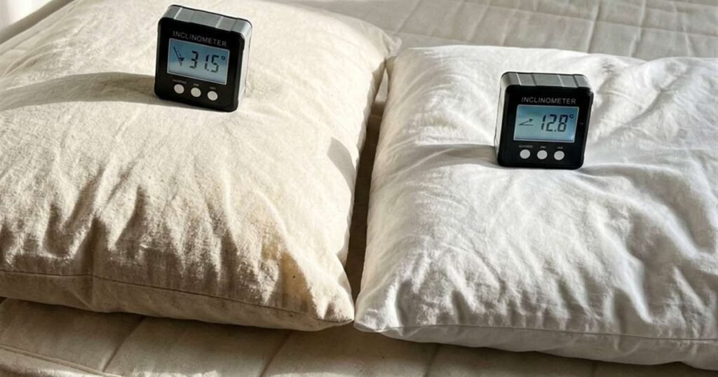 side-by-side-view-of-a-buckwheat-pillow-and-a-soft-pillow-with-a-digital-inclinometer-showing-the-buckwheat-pillow-reading-a-steeper-lateral-angle