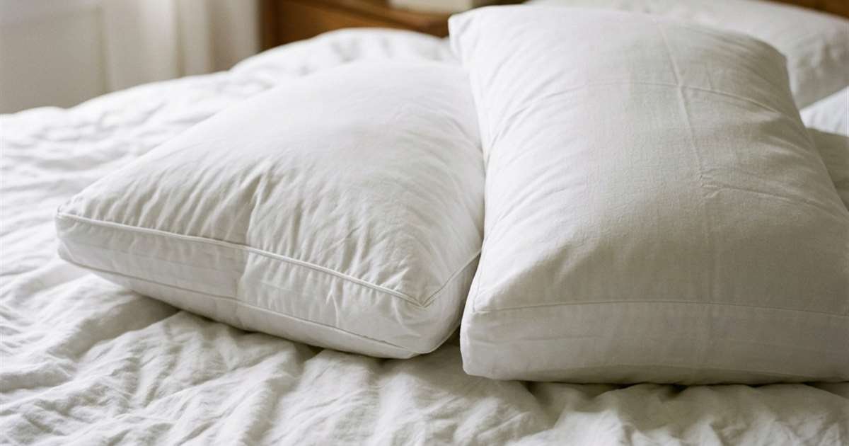 Two pillows on a bed, one with a firmer structured appearance and one puffier with a gusset edge