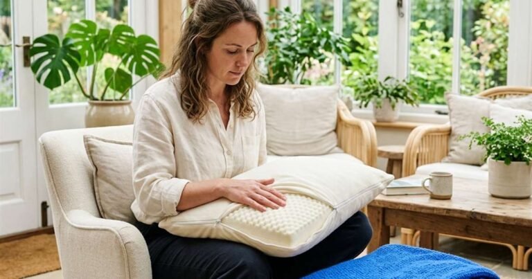 woman-closely-inspecting-the-aging-texture-of-an-unzipped-memory-foam-pillow-on-her-lap