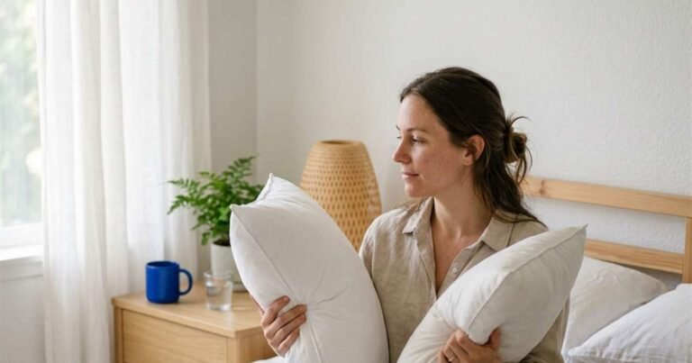 Best Pillows 6 woman comparing soft and firm pillow firmness on bed 2
