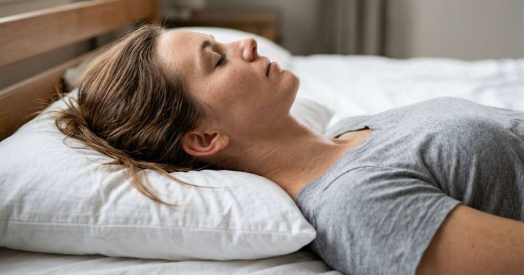 woman side sleeping on a contour pillow showing proper cervical spine alignment