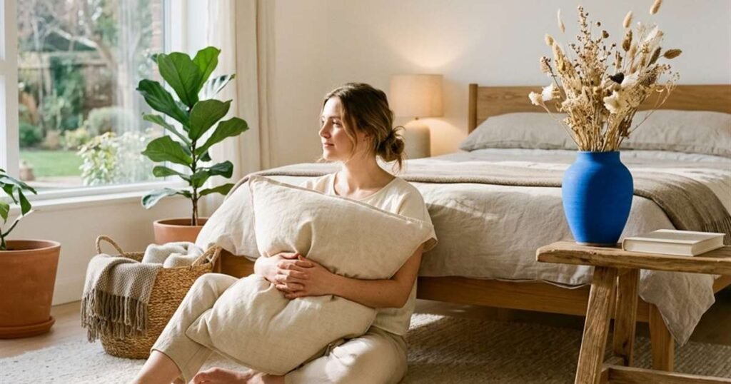 woman-sitting-comfortably-on-the-floor-holding-a-fluffy-pillow-filled-with-organic-kapok-fibers