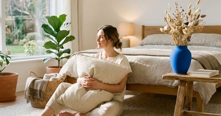 Best Pillows: Expert Tested 2 woman-sitting-comfortably-on-the-floor-holding-a-fluffy-pillow-filled-with-organic-kapok-fibers