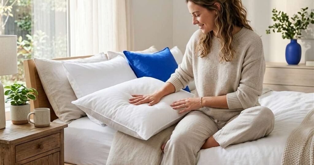 woman-sitting-on-the-edge-of-a-bed-gently-pressing-her-hand-into-a-pillow-to-test-its-firmness