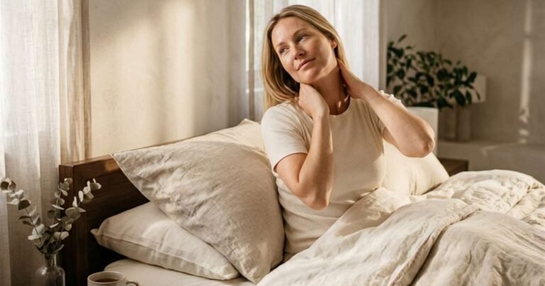 woman waking up well rested after using an ergonomic contour pillow for neck pain relief