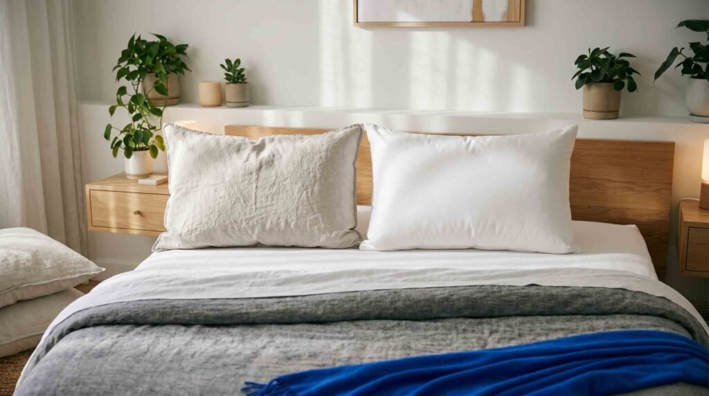 Wool vs. Latex Pillow: Latex Lasts Longer and Suits Side Sleepers Wool Wins on Moisture 1 wool-and-latex-pillows-side-by-side-comparison-on-a-bed