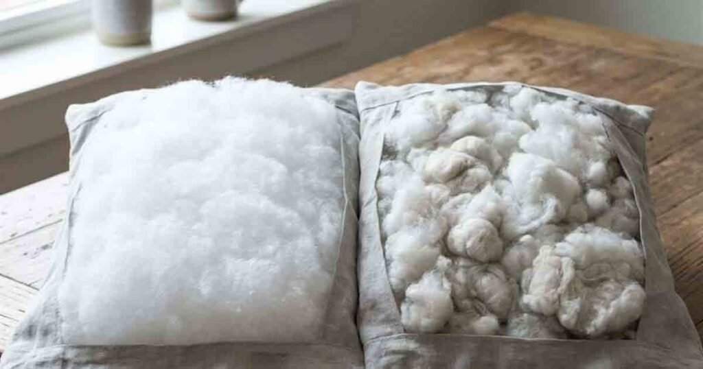 a close up comparison of two pillow fill textures side by side on a table showcasing best affordable pillows