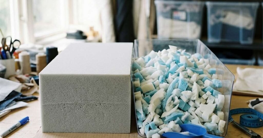 Best Pet Bedding: Why "Orthopedic" on a Dog Bed Label Doesn't Guarantee Real Support 1 a close up cross section comparison of solid foam versus shredded foam pieces on a table showcasing best pet bedding