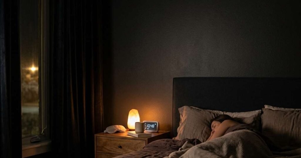 a dark bedroom lit only by a warm amber nightlight and a white noise machine showcasing best sleep environment tools