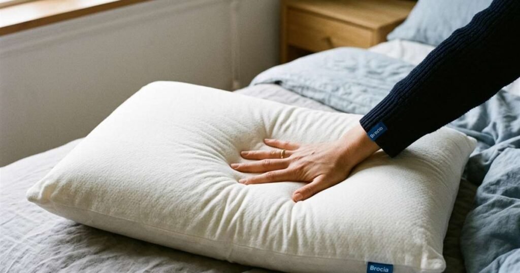 a hand pressing into a solid latex pillow to show the compression and rebound showcasing best latex pillows