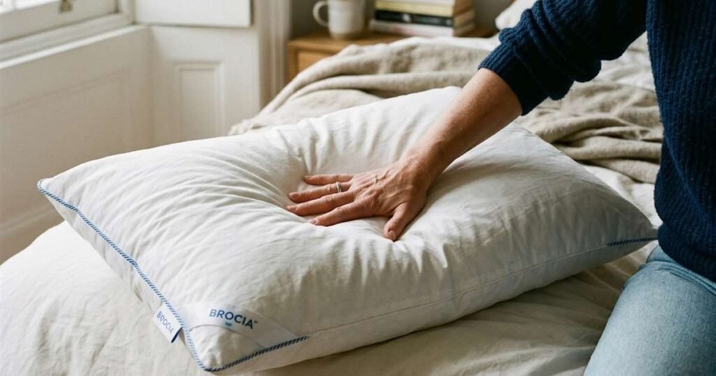 a hand testing pillow firmness by pressing into a down pillows surface showcasing best pillows for back sleepers