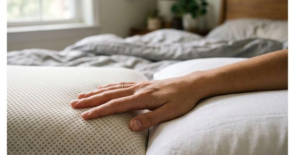 a-hand-touching-two-pillows-one-smooth-and-one-with-cooling-perforations-showcasing-best-cooling-pillows