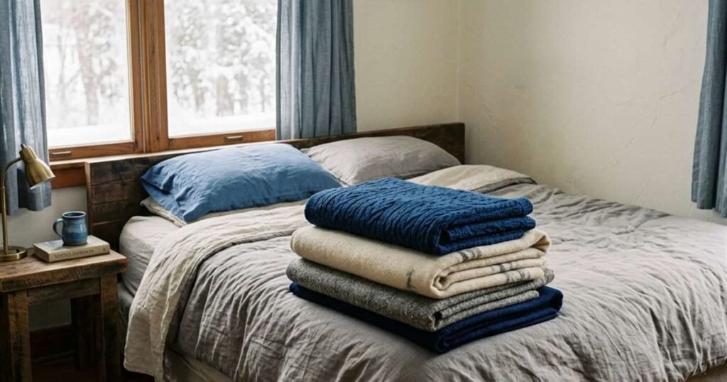 a neatly made bed with thick folded blankets stacked at the foot showcasing best bedding for winter
