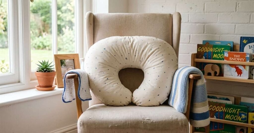 a nursing pillow positioned on a chair in a nursery showcasing best nursing pillows