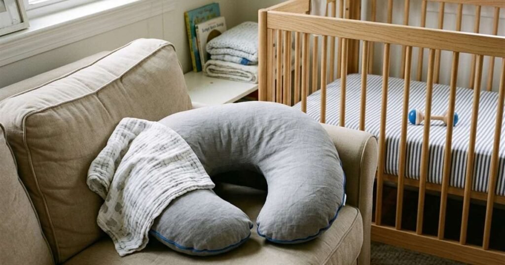 a nursing pillow sitting empty on a couch next to a nearby crib showcasing best nursing pillows