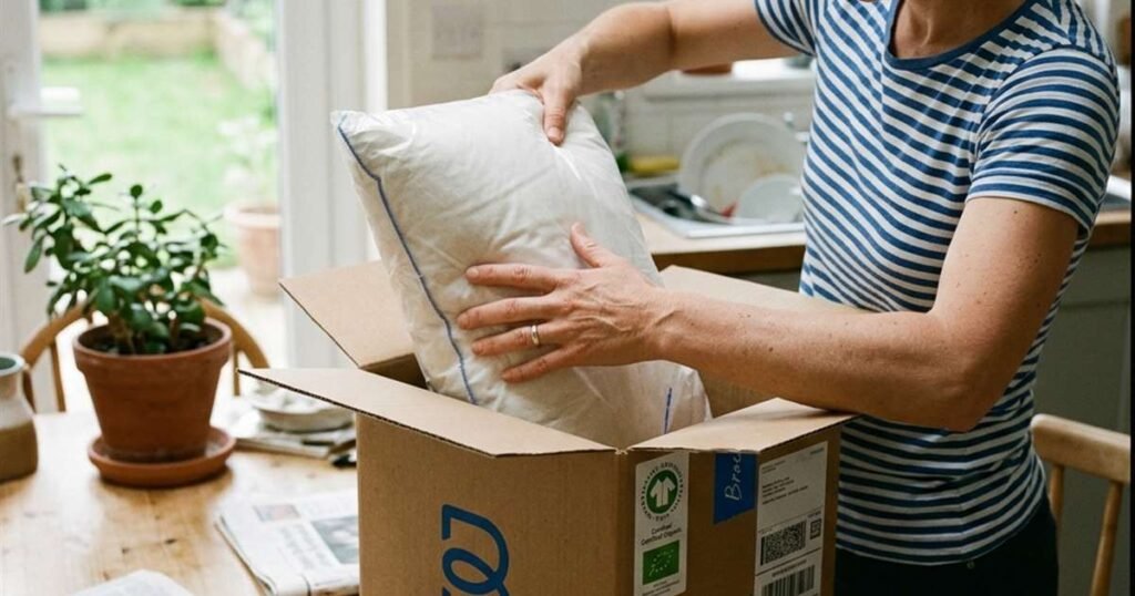 a pillow box being unpacked at a kitchen table showing a certification label showcasing best affordable pillows