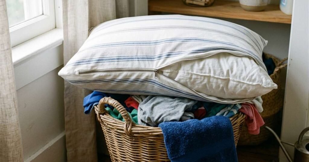 a-pillow-with-its-cover-partially-unzipped-resting-on-a-laundry-basket-in-soft-natural-light-showcasing-pillow-care-guide