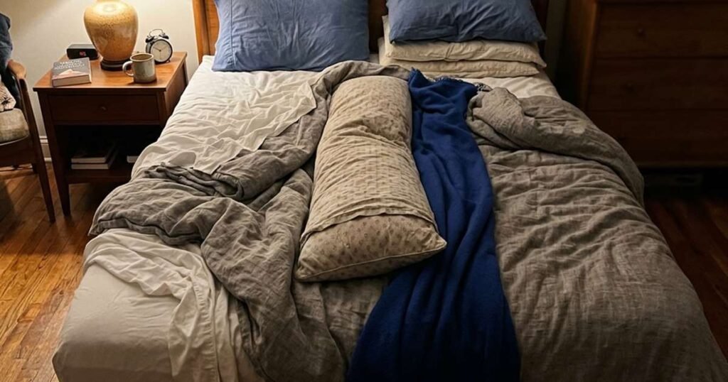 a rumpled bed at night with a long body pillow tucked between two blankets showcasing best pregnancy pillows