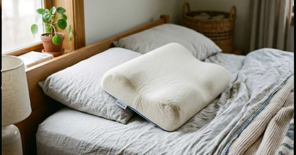 Best Memory Foam Pillows: The Density and ILD Numbers That Predict How Long One Actually Lasts 1 a side angle photo of a contoured memory foam pillow on a bed showing the dip and ridge shape showcasing best memory foam pillows