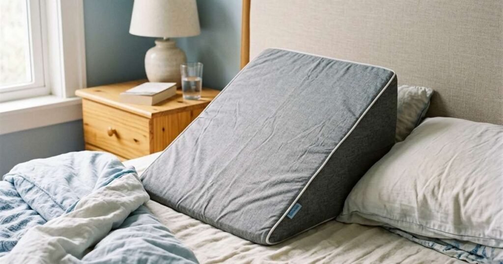 a side view photo of a foam wedge pillow on a bed showing the incline angle showcasing best wedge pillows
