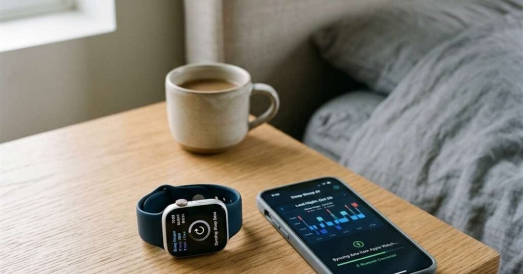 Best AI Sleep Apps: Why Sleep Stage Tracking Isn't the Feature That Matters 1 a-smartwatch-and-smartphone-syncing-sleep-tracking-metrics-on-a-wooden-nightstand-showcasing-best-ai-sleep-apps