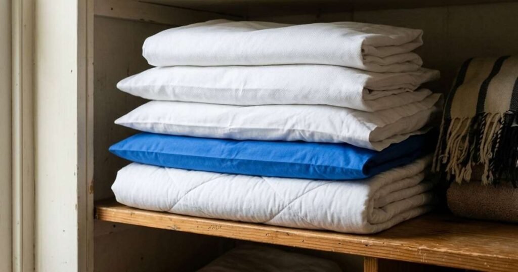 a-stack-of-folded-clean-pillowcases-and-a-pillow-protector-on-a-linen-closet-shelf-showcasing-pillow-care-guide