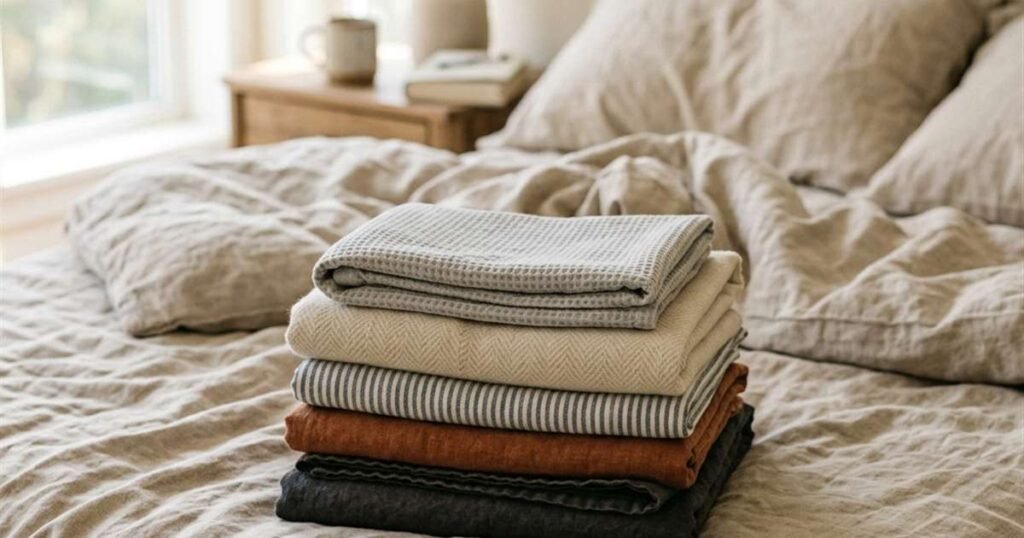 a-stack-of-folded-pillowcases-in-varying-fabric-textures-on-an-unmade-bed-showcasing-pillow-accessories-guide