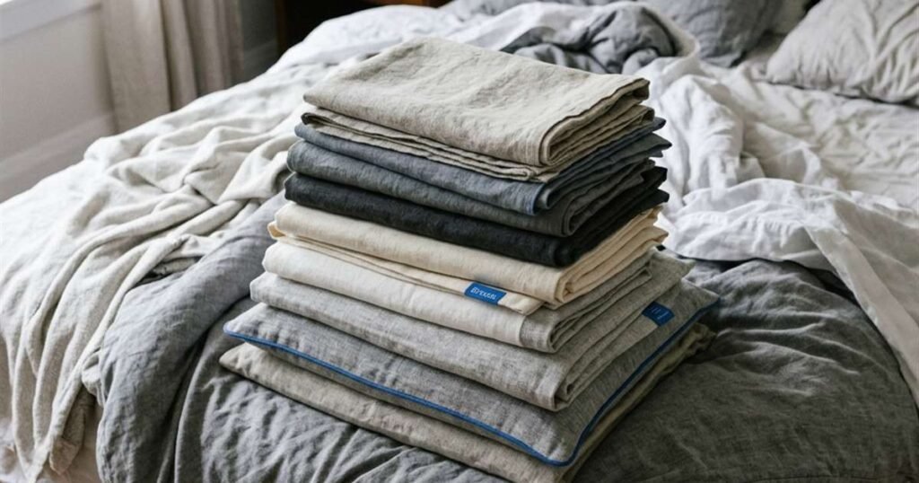 a stack of neatly folded pillow covers in muted gray and cream tones on an unmade bed showcasing best v shaped pillows