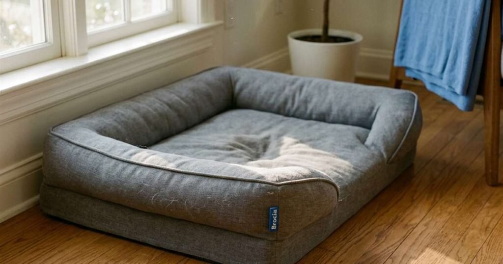 Best Pet Bedding: Why "Orthopedic" on a Dog Bed Label Doesn't Guarantee Real Support 2 a thick foam dog bed on a hardwood floor in a sunlit room showcasing best pet bedding