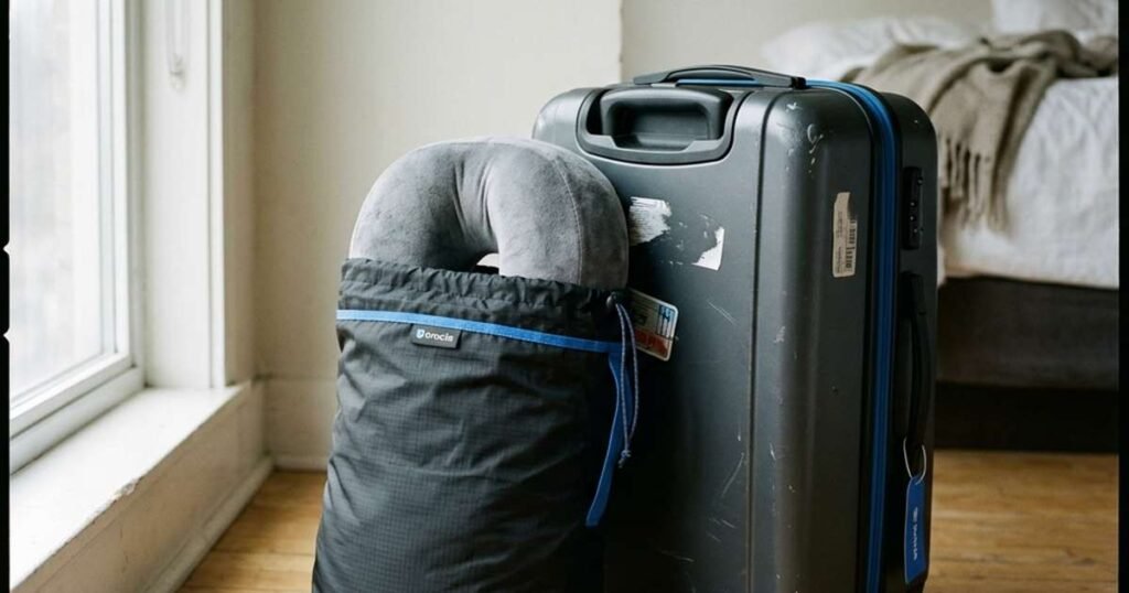 a-travel-pillow-packed-into-its-compression-travel-bag-next-to-a-carry-on-suitcase-showcasing-best-travel-pillows