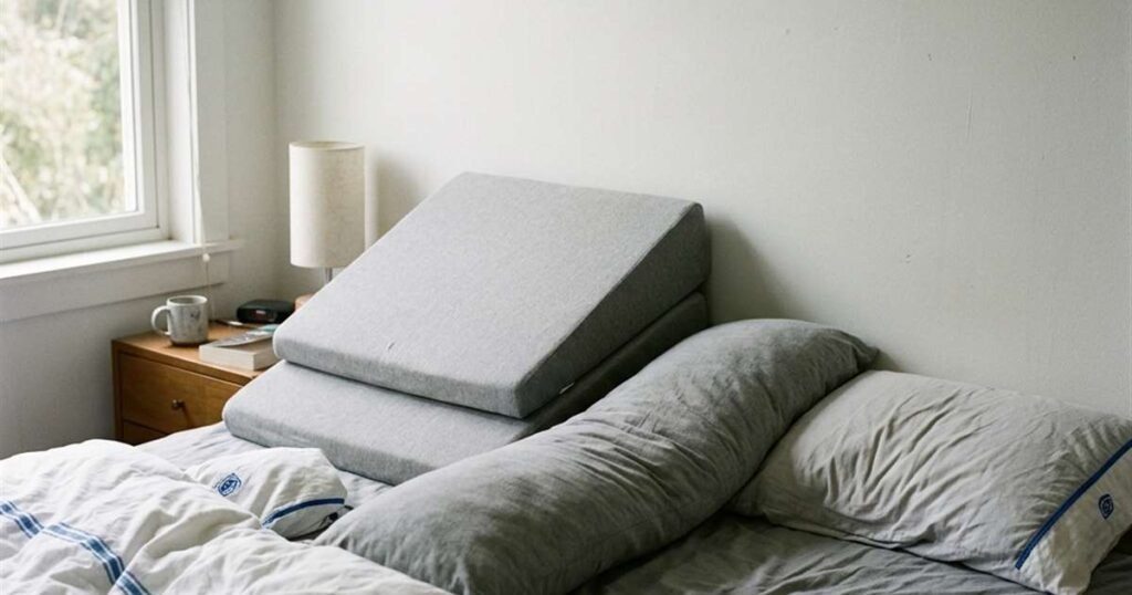 a wedge pillow set up on a bed with a body pillow alongside it showcasing best wedge pillows