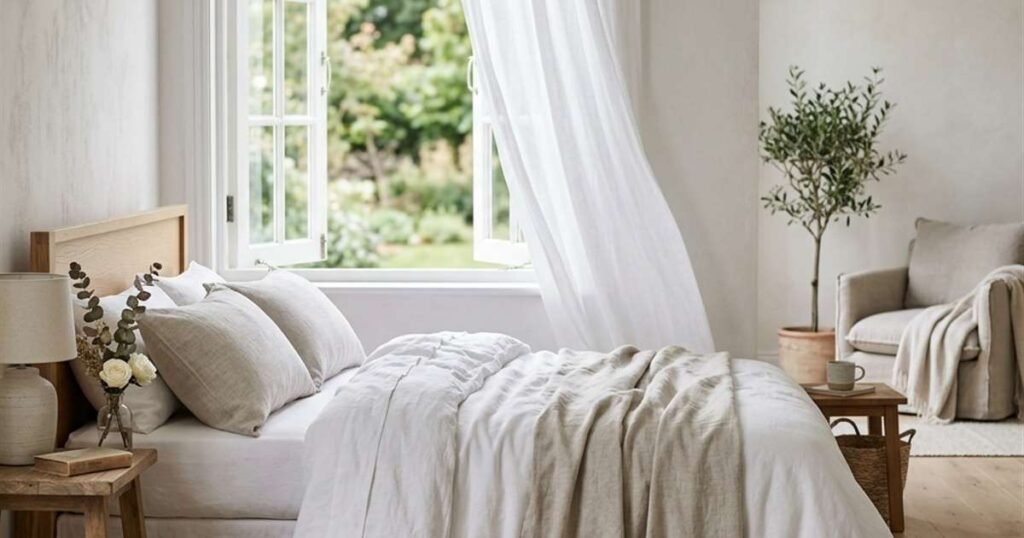 an-open-bedroom-window-with-sheer-curtains-blowing-over-a-bed-with-two-pillows-showcasing-best-cooling-pillows