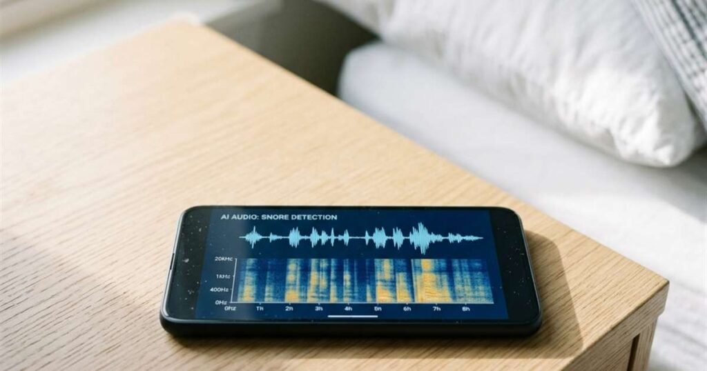 Best AI Sleep Apps: Why Sleep Stage Tracking Isn't the Feature That Matters 2 close-up-detail-of-a-smartphone-displaying-an-ai-snore-detection-audio-waveform-on-a-nightstand-showcasing-best-ai-sleep-apps