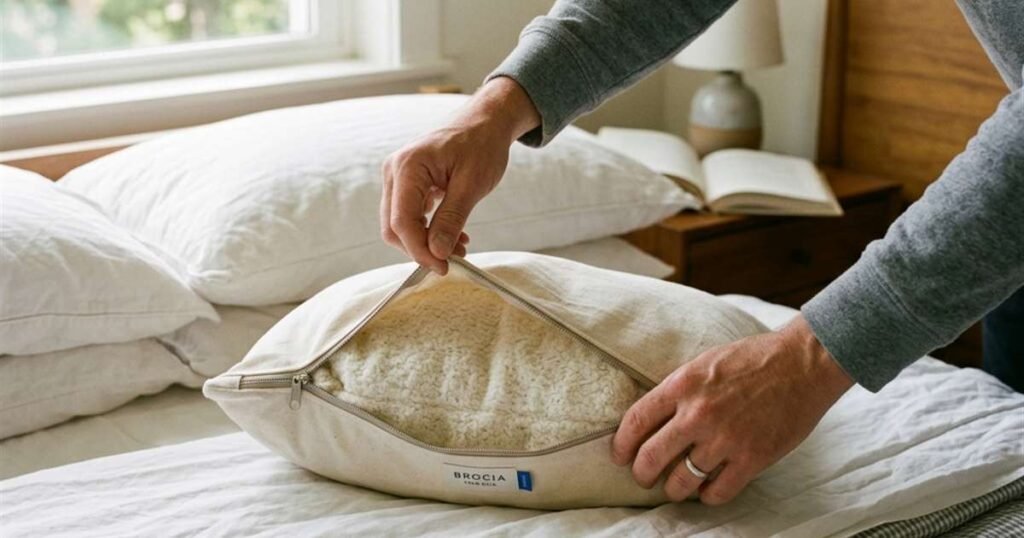 close-up-of-hands-adjusting-a-zippered-pillow-fill-pouch-on-a-neatly-made-bed-showcasing-best-luxury-pillows