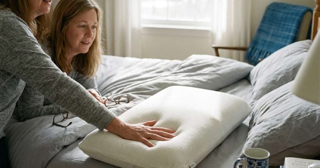Best Memory Foam Pillows: The Density and ILD Numbers That Predict How Long One Actually Lasts 2 hand pressing into a memory foam pillow showing a slow recovering indentation showcasing best memory foam pillows