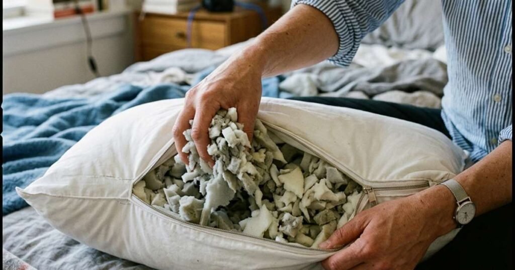hands-removing-shredded-foam-fill-from-an-unzipped-pillow-showcasing-best-adjustable-pillows