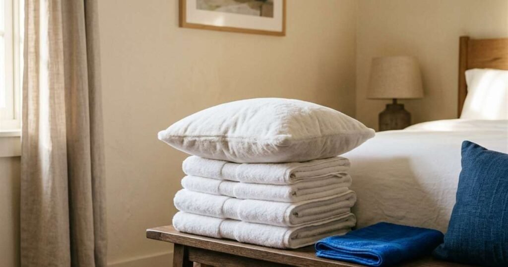 Best Hotel Pillows: Which Ones Are Actually Licensed by the Hotel 1 neatly-folded-white-towels-and-a-plush-pillow-stacked-on-a-bench-in-a-hotel-style-room-showcasing-best-hotel-pillows