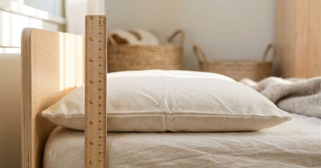 side profile measuring the compressed loft height of a flat organic toddler pillow with a ruler showcasing best toddler pillows