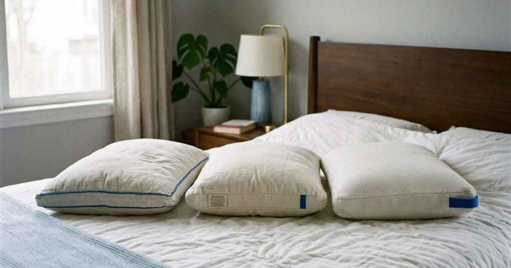 Best Down Pillows: Why Fill Power Matters More Than Goose vs. Duck 2 three pillows of varying firmness lined up on a bed showcasing best down pillows