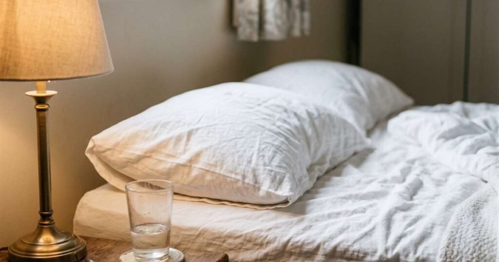 a-bed-with-a-firm-pillow-visible-under-a-crumpled-white-sheet-in-the-early-morning-showcasing-purple-harmony-loft-selector