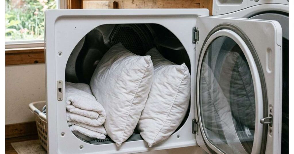 a-dryer-door-open-showing-two-white-pillows-inside-alongside-folded-white-towels-showcasing-how-to-dry-pillows-without-tennis-balls