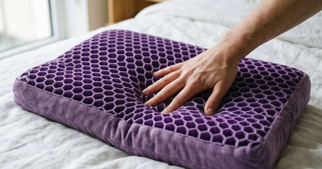 a-hand-pressing-fingers-into-a-purple-colored-pillow-with-a-visible-honeycomb-grid-texture-showcasing-purple-harmony-loft-selector