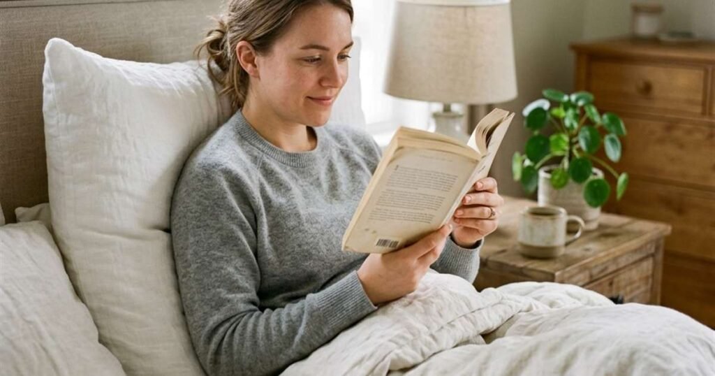 Saatva Latex vs. Avocado Green Pillow: The Organic Head-to-Head 2 a-person-reading-in-bed-propped-against-a-thick-white-pillow-showcasing-saatva-vs-avocado-pillow-selector