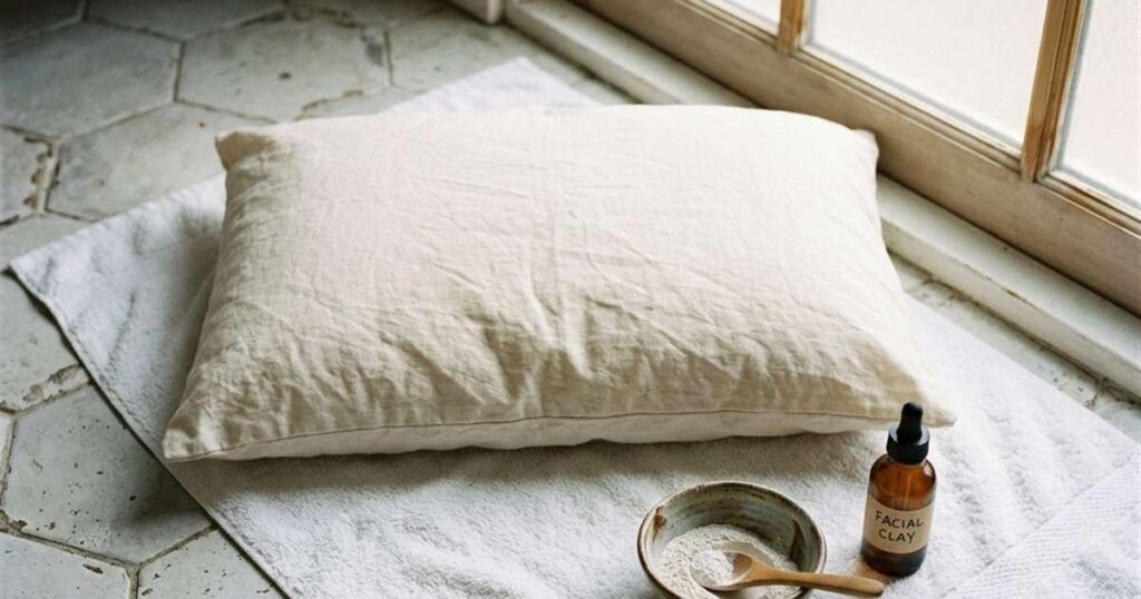 a-pillow-laid-flat-on-a-white-towel-on-a-bathroom-floor-with-a-small-bowl-of-white-powder-and-a-bottle-nearby-showcasing-pillow-whitening-checklist