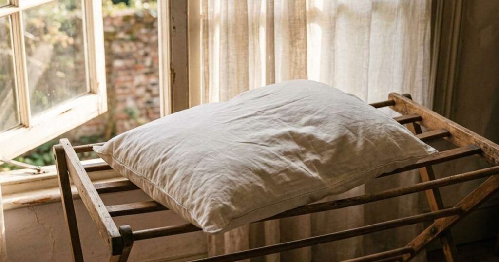 a-pillow-laid-flat-on-a-wooden-drying-rack-near-an-open-window-with-afternoon-light-coming-through-sheer-curtains-showcasing-how-to-dry-pillows-withou