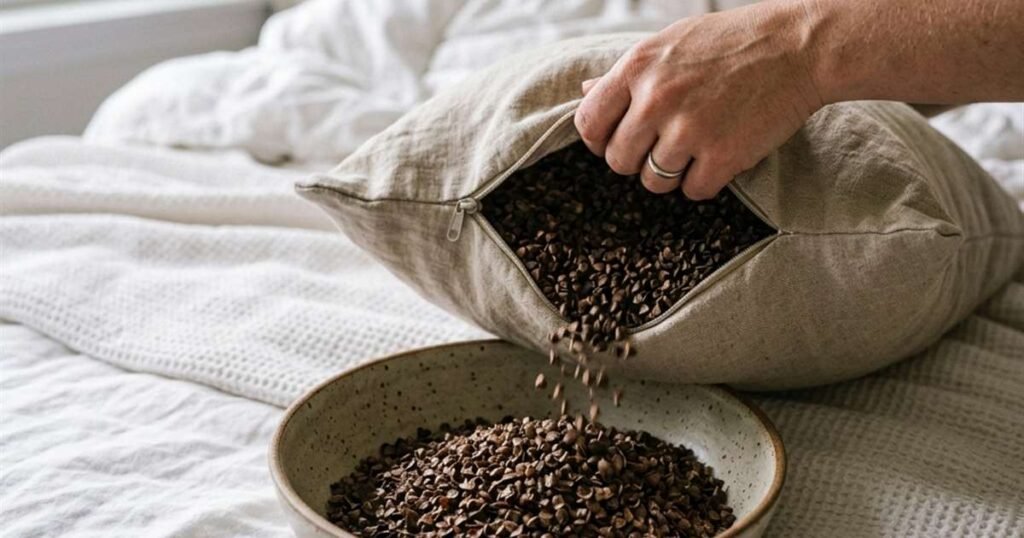 How Long Do Buckwheat Pillows Last? Maintenance & Refill Guide 2 buckwheat pillow casing unzipped with hulls being poured into a large bowl showcasing 9 how long do buckwheat pillows last maintenance refill guide
